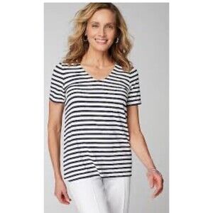 J Jill Wearever Black & White Striped Shirt Stretch V Neck Small